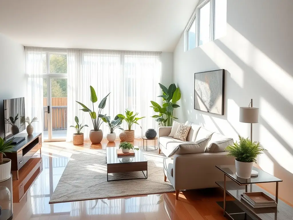 A brightly lit and spotless living room, showcasing the results of Cleanly's standard cleaning service, with emphasis on the cleanliness of surfaces and the overall tidy appearance.