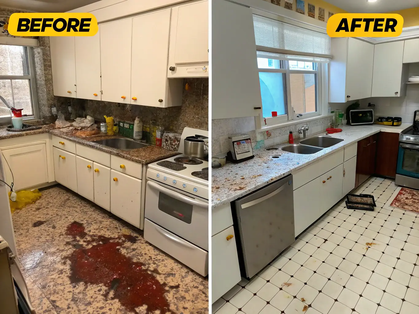 A before-and-after shot of a kitchen, demonstrating the effectiveness of Cleanly's deep cleaning service, with a focus on the removal of grime and dirt from hard-to-reach areas.